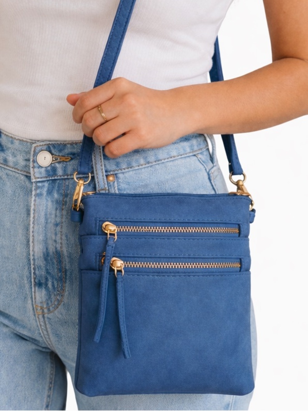 Blue Crossbody Organizer Bag Isabelle Multi Pocket Faux Leather Purse